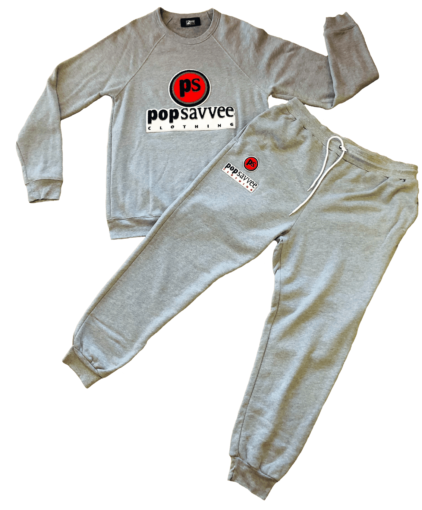 Heather Grey Sweat Suit - Chenille Embroidered “Pop Savvee Clothing” Logo